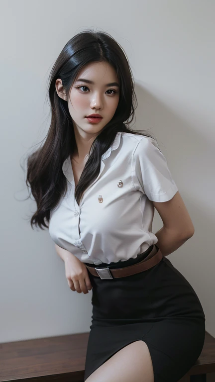 (8k, best quality, masterpiece, ultra highres:1.2) Photo of Pretty thai woman beautiful, beautiful enchanting fashion contemporary painting with , (1girl), (white shirt short sleeves), ((black pencil skirt)), belt, ((hand down)) , short hair , , realistic ...