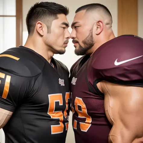 coach and player, (facing each other:1.2), (kissing:1.2), (football jersey:1.2), inside bed room, Japanese man, Chinese man, Korean man, Taiwanese man, manly face, round face, monolid eyes, (buzz cut:1.4), very large and strong body, bulging muscles, very ...