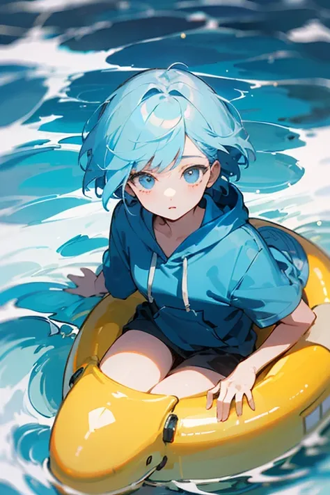 ((highest quality))　((masterpiece))　perfect face　blue hair　short hair　odd eye　An illustration　Light Blue Hoodie　one person　In the sea　Swimming　neutral　let your hair flow　Highest image quality　middle School girls　