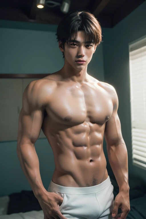 Handsome guy　hip line　soft macho(highest quality, 8K, masterpiece :1.3)), sharp focus professional photography slim abs :, highest qualityの画像, High resolution, (clean face), good looking,Cool young man,Japanese,Professional lighting behind the scenes, 