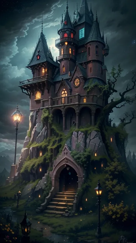 (best quality,4k,8k,highres,masterpiece:1.2),ultra-detailed,(realistic,photorealistic,photo-realistic:1.37),illustrations,tower scene,mysterious atmosphere,nighttime,ominous,shadowy figures,magical aura,moonlit sky,misty haze,dark color palette,ethereal,ha...