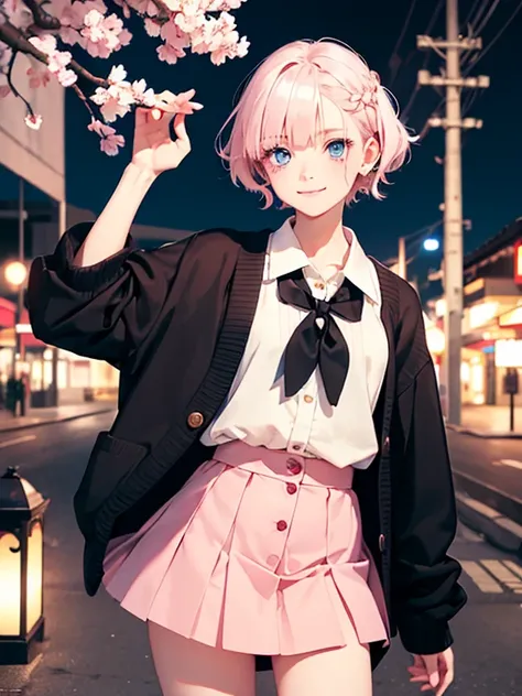 smile!1 girl,albino, cute, black hair、beautiful, short hair, blue eyes,  hair with ribbon,night light ((8K, Hmm, surreal))、Add orange braids to your hair、One piece skirt、wearing a cardigan、I&#39;It&#39;Cherry Blossom、All pale pink