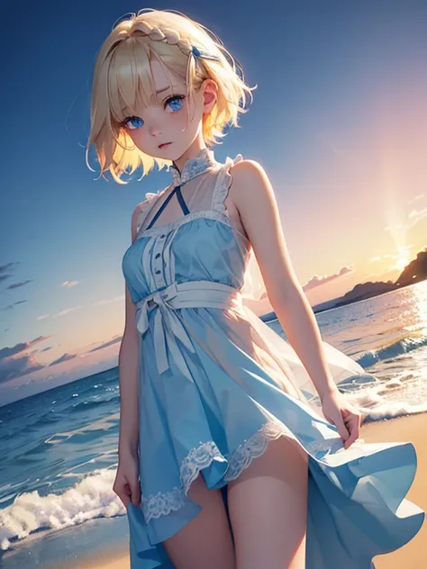 1 girl,albino, cute, blonde、beautiful, short hair, blue eyes,  hair with ribbon,night light ((8K, Hmm, surreal))、Add orange braids to your hair、wearing a sleeveless dress。I&#39;It&#39;blue sea、walk on the white sand beach、Are crying、Reduce exposure、Dress m...