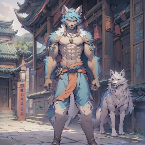 best quality, young,thin, 15 years old, hairy, alone, male wolf: 1.5, light blue fur: 1.3, Light blue ears, Animal ears, yellow eyes, Doll hands, muscular body, abdominal muscles, Wear Shaolin legs, topless, Standing in the courtyard of Shaolin Temple.