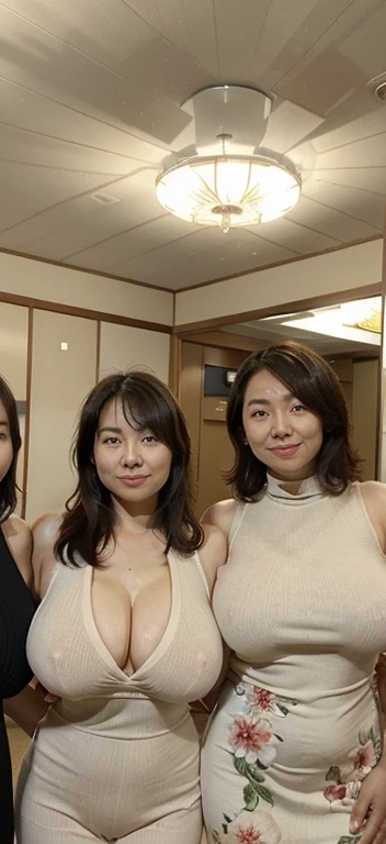 (((A group photo of the top 3 beautiful Japanese moms)))、Everyone has different types and hairstyles, but they are beautiful.、((All of them are obscene and have long breasts that are too big.))、different sexual poses、All wearing white turtleneck sleeveless...