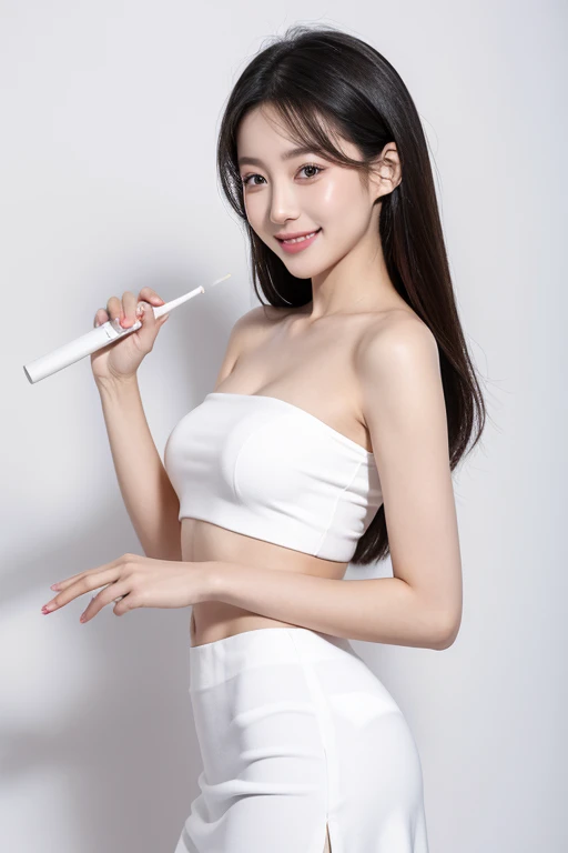 A beauty from Hong Kong, China，Fashion、Cheerful、Love to laugh，Intellectual，30 years old，Wearing a white tube top skirt，Pure white background，One hand holding product endorsement