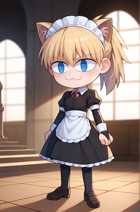 score_9, score_8_up, score_7_up, score_6_up, score_5_up, score_4_up, BREAK, 1girl, solo, necoarc, lit pupils, cat ears, chibi, :3,  feliciadef, blonde hair, ponytail, blue eyes, hellsing, seras, maid headdress, brooch, maid apron, black thighhighs, bridal ...