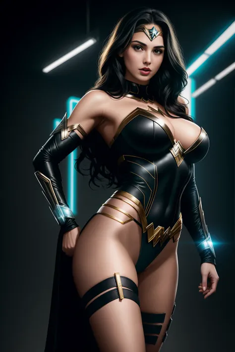 there is Gal Gadot as Wonder Woman standing, 3 d neon art of a womans body, neon-noir background, cyberpunk femme fatale, seductive cyberpunk dark fantasy, cyberpunk strip clubs, cyberpunk 20 y. o model girl, oppai cyberpunk, banner, high definition cgsoci...