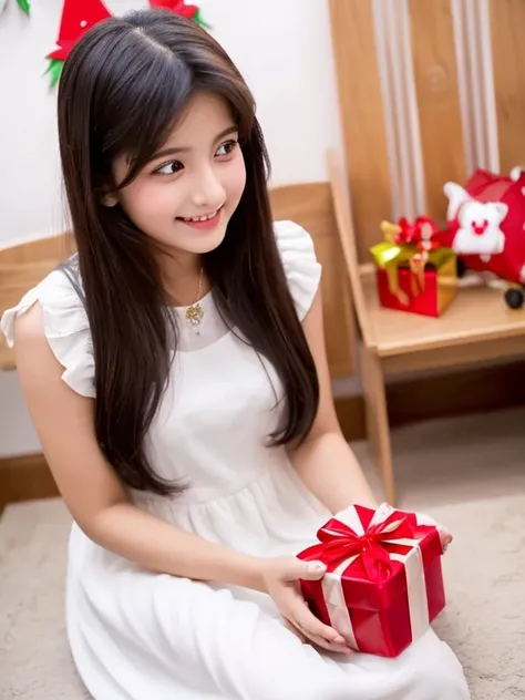 One simple beautiful girl who is seems angle wearing white dress she is also looking like a angel. She is giving red coloured gift which is symbol of love to the small little kids