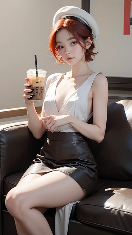 1 naked girl, very small breasts (firm and full), drinking_straw, full red hair, short curly hair, black eyebrows, black eyes, detailed eyes, solo, disposable_cup, bubble_tea, cup, drink, bubble_tea_challenge, photo_(medium), brown_eyes, looking_appearance...