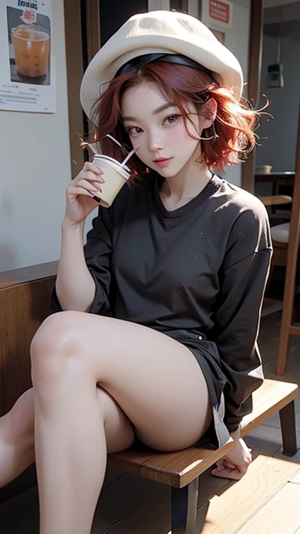 1 naked girl, very small breasts (firm and full), drinking_straw, full red hair, short curly hair, black eyebrows, black eyes, detailed eyes, solo, disposable_cup, bubble_tea, cup, drink, bubble_tea_challenge, photo_(medium), brown_eyes, looking_appearance...