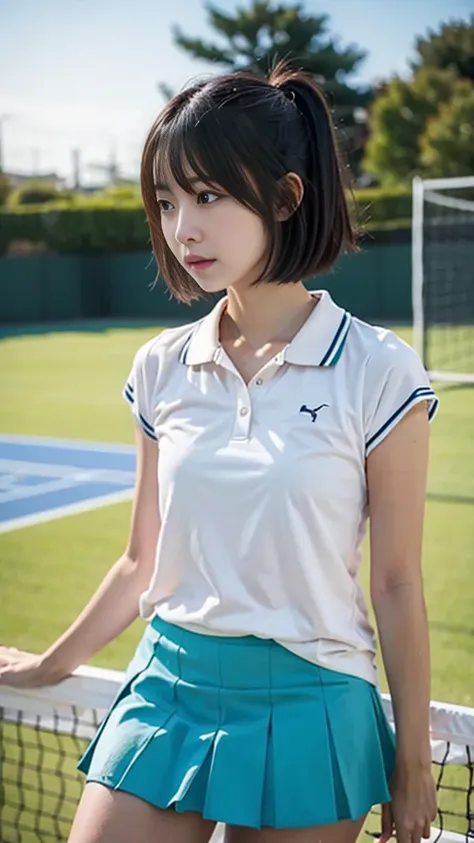 1 girl, alone, white polo shirt, white sneakers, pink tennis wear: 1.3, white mini skirt, masterpiece, highest quality, realistic, hyper detail, (Glossy skin: 1.4), disorganized, camera&#39;s line of sight, short black hair, brown eyes, thin, dynamic light...