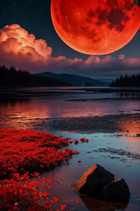 highest quality、big red moon、beautiful scenery、There is a mood、mysterious