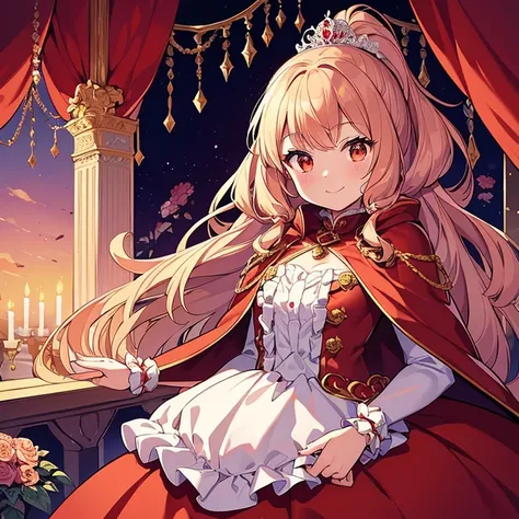 (best quality),(ultra detailed), upper body, beautiful anime art style, rococo style,(long train red cape), very long cape,(long train white ball gown with flower decorations), a girl is wearing a cape over her ball gown, 1 little princess, tiara, small br...