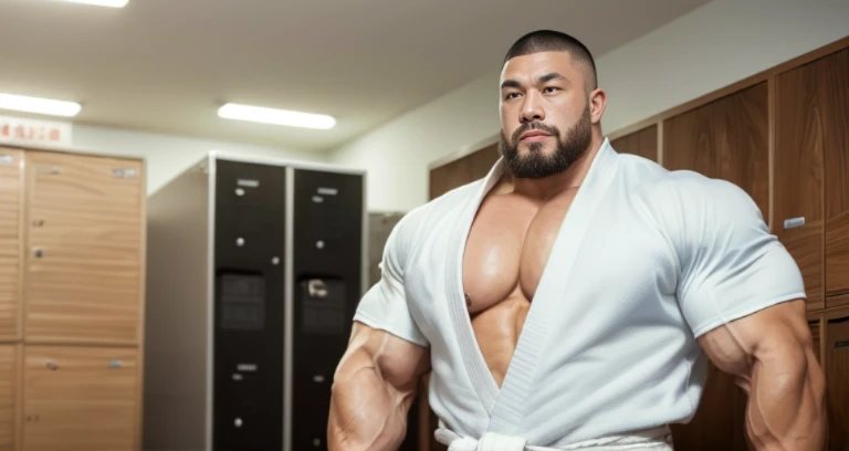 (open-chested clothing:1.4), (judo uniform:1.2), (inside club locker room:1.2), Japanese man, Chinese man, Korean man, Taiwanese man, manly face, (round face:1.2), (monolid eyes:1.2), (buzz cut:1.4), very large and strong body, (bulging muscles:1.3), (very...