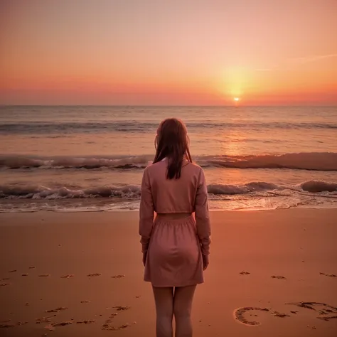 realistic film，no characters，at the seaside，pink orange sunset，It gives people a very ambiguous feeling