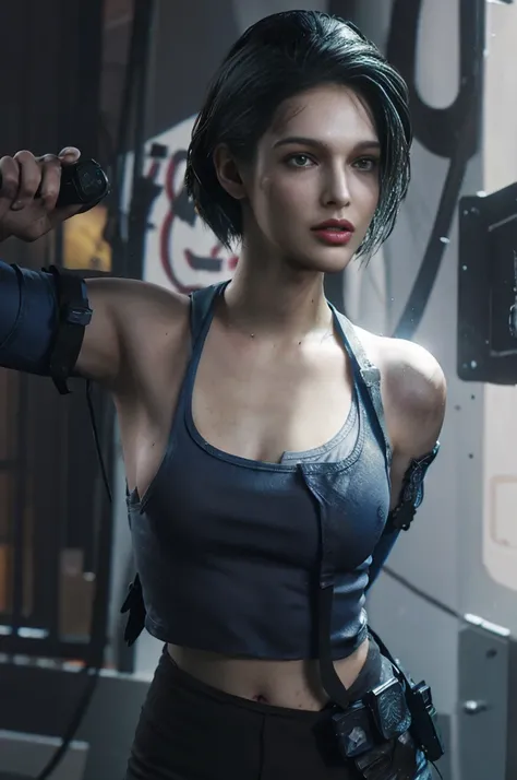 Jill Valentine, Zombie bites on her body,Beautiful women， Sexy women， Perfect breasts，(Big tits, Big tits, Big tits), （ لقطة لFull body））， Long legs， Back， Please attach your CV to the letter，Interface，（Looking at viewert）， The camera angle is low, Night S...