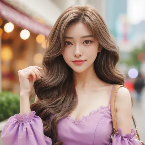 a close up of a woman with long hair wearing a purple dress, realistic anime 3 d style, asian girl with long hair, ig model | artgerm, long glowing ethereal hair, trending on cgstation, with long hair, brown flowing hair, 8k artgerm bokeh, light brown long...