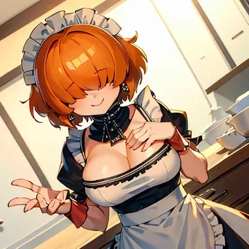 By bebebebebe ,High quality,Female ,((,hair covering eyes,fluffy hair,short hair,Confident smile,(breasts),solo,orange hair,toned,she Is in a maid uniform ,black EarrIngs,5 Fingers,side mansion,Neckline,