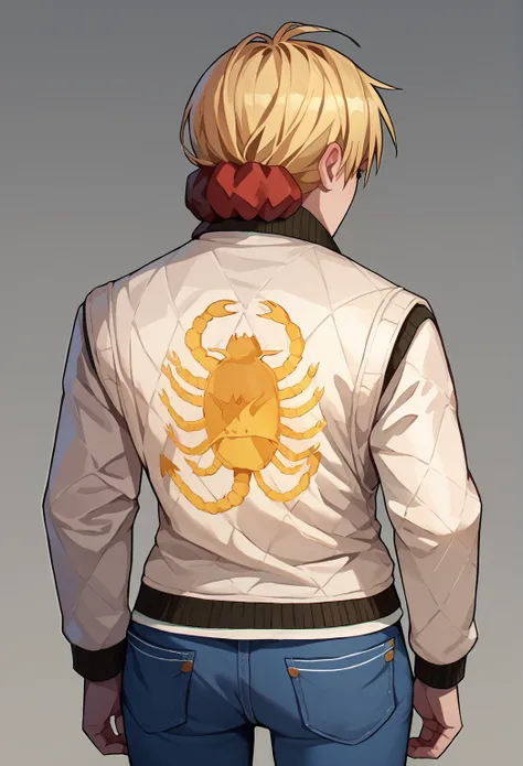 score_9, score_8_up, score_7_up, source_anime,   print jacket, white jacket, from behind, jeans,   Harumaki, 1girl, hellsing, seras, blonde hair, red scrunchie,