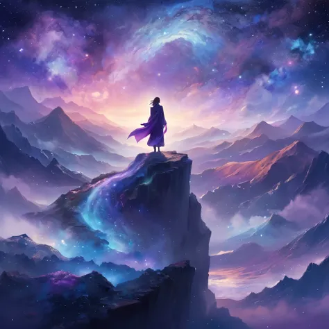 A figure stands on a cliff, enveloped in swirling streams of cosmic energy, amidst a dreamy, nebulous landscape. The silhouette of the person is wrapped in a flowing, ethereal gown that merges with the celestial currents. The sky is a tapestry of deep purp...