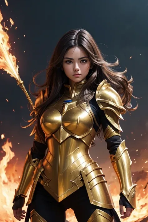 (Masterpiece), (Best Quality), (1 Girl), Girl in Golden Armor, Cool Pose, Battlefield Background, Fire Background, Saint Seiya Armor, Messy Hair, Broken Armor, Ragged Clothes