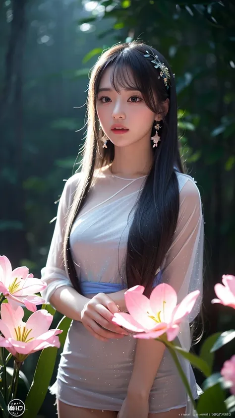 Beautiful realistic girl with BRIGHT WHITE-BLUE long hair ,Close-up of clean skin with detailed skin ,full length,in a short miniskirt,on an orange background ,Against the background of the starry sky,bright makeup,EARRINGS WITH GLITTERS,two-leaf gray flow...