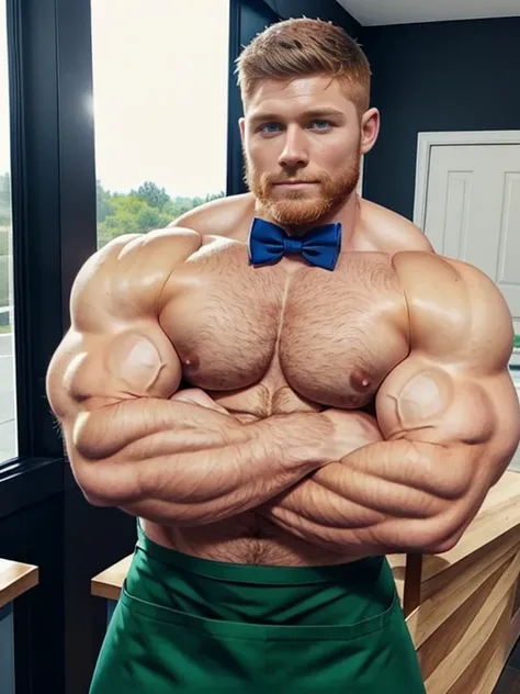 ginger daddy with blue/green eyes, very gorgeous man, very handsome man, very beautiful man, very masculine face, bursting with muscles, gigachad muscles, lean but muscular, ripped, proportionally enormous pecs, (crossing arms:1.5), arms crossed, big packa...