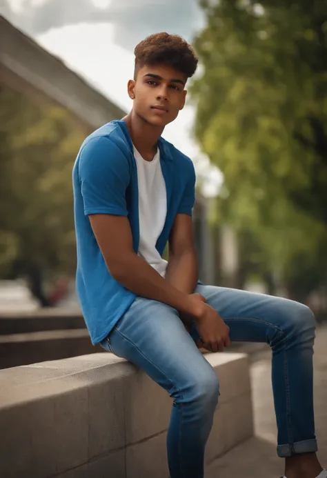 handsome teenager brown boy, realistic, high resolution, in university, wearing blue jeans pent, white branded t-shirt and jogars, wearing bag, nice haircut