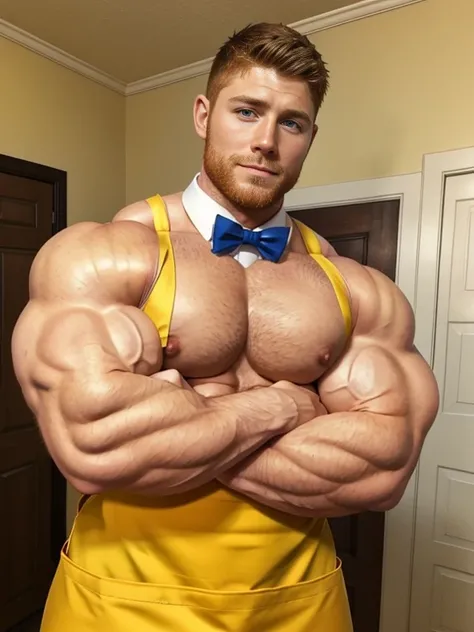 ginger daddy with blue/green eyes, very gorgeous man, very handsome man, very beautiful man, very masculine face, bursting with muscles, gigachad muscles, lean but muscular, ripped, proportionally enormous pecs, (crossing arms:1.5), arms crossed, big packa...