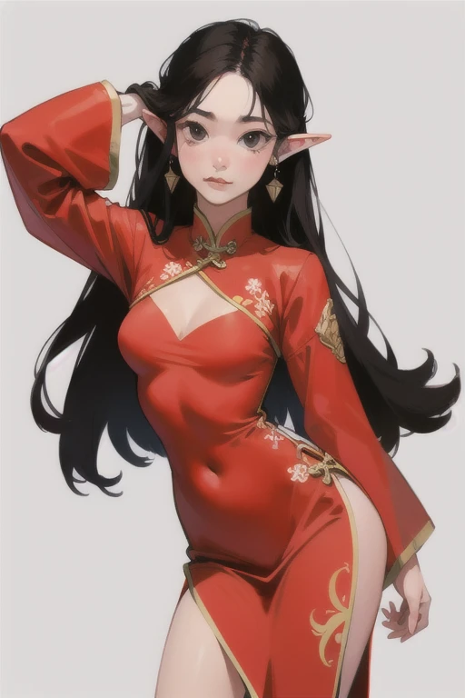 An elf with long black hair, black eyes, in a red Chinese dress, fold earrings, traditional, Medium breasts, One, simple background,