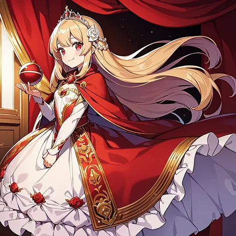 (best quality),(ultra detailed), upper body, beautiful anime art style, rococo style,(long train red cape), very long cape,(long train white ball gown with flower decorations), a girl is wearing a cape over her ball gown, 1 little princess, tiara, small br...