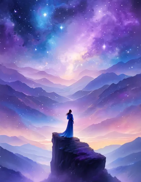 A figure stands on a cliff, enveloped in swirling streams of cosmic energy, amidst a dreamy, nebulous landscape. The silhouette of the person is wrapped in a flowing, ethereal gown that merges with the celestial currents. The sky is a tapestry of deep purp...