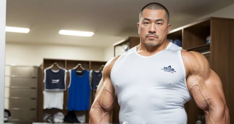 (tank top:1.5), (inside club locker room:1.2), Japanese man, Chinese man, Korean man, Taiwanese man, manly face, (round face:1.2), (monolid eyes:1.2), (buzz cut:1.4), very large and strong body, (bulging muscles:1.3), (very large pectoral muscles:1.3), (mu...