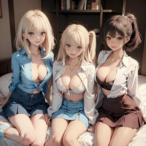 ((girls sandwich、wide open shirt、micro mini skirt、Thigh emphasis、cleavage exposure))、Mr.々Costumes、Random and cute faces、Quality skin texture、highest quality、smile、masterpiece、High-definition images、on the bed、get down on all fours、18-year-old、かわいいsmile、big...