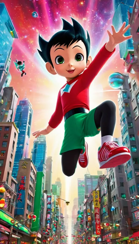 Cartoon,Astro Boy flying through a bright and colorful city Astro Boy is in the center of the photograph, flying with one hand raised high, black hair, large eyes. and wore red shoes with lights on coming out of the shoe sole Wears black shorts with a gree...