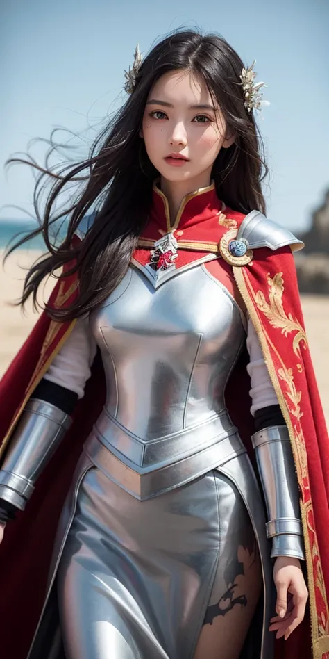 1girl,woman, incredibly absurdres, ultra-detailed, extremely detailed, depth of field, wind, Amazing, beautiful detailed eyes, disheveled hair, closed mouth,extremely detailed,(masterpiece, best quality:1.2)，Armor, red cape, black hair, fine armor,Battlefi...