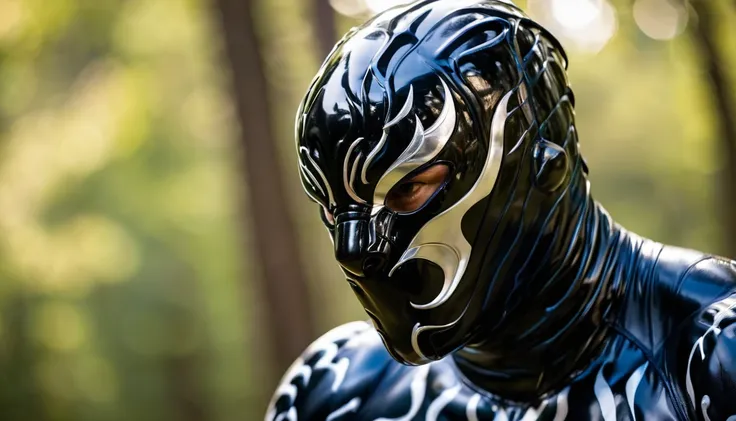 Muscular wrestler wearing latex symbiote jaguar suit Professional photography, bokeh, natural lighting, canon lens, shot on dslr 64 megapixels sharp focus sinister by Greg Rutkowski