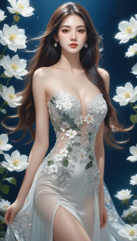 painting of a woman with long hair and a dress with white flowers, exquisite digital illustration, gorgeous digital art, stunning digital illustration, beautiful gorgeous digital art, a beautiful artwork illustration, beautiful digital illustration, beauti...