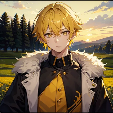 masterpiece, best quality, field, landscape, night, looking at viewer, upper body, 1boy, yellow hair, medium hair, male hair, yellow eyes, black and yellow jacket, fur collar, short sleeves