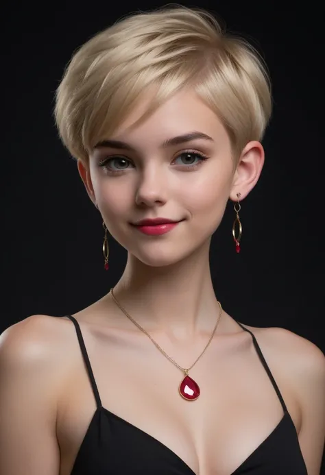 An extremely tiny, thin, petitie, extremely young-looking, teenage female, with an extremely stacked body, extremely huge breasts, pixie-cut blonde hair, Braces, large hoop earrings, necklace with ruby pendant, completely naked, pitch black background