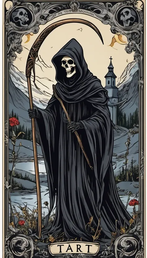 tarot cards，grim reaper with a scythe，nordic style，church background，8k，high quality，masterpiece，ultra-fine