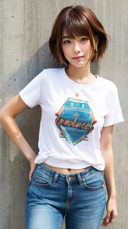 20th generation、japanese woman、cute、T-shirt、jeans、shortcut、brown hair、thin eyebrows