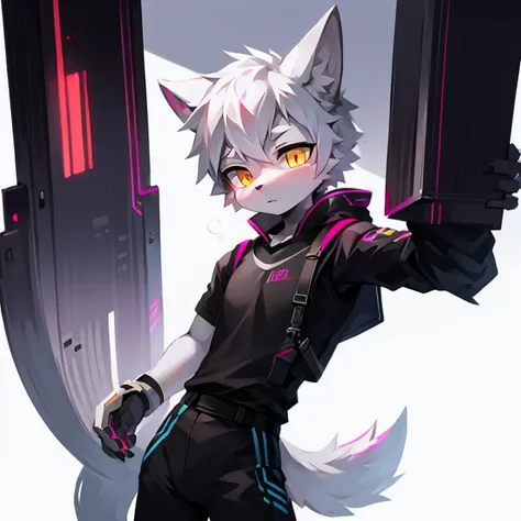 cyber punk perssonage，epcot，Tech style，solo person，White body，White ears，White hair，Overall white，Orange-yellow eyes，Wolf tail，Wolf orcs，Young，Wear a short-sleeved shirt，Ultra-clear screen，Soft lines