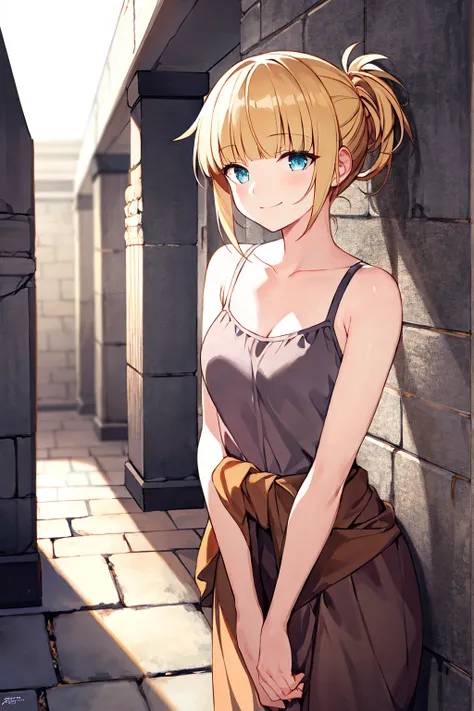 cinematic feeling，anime，masterpiece，best quality，Top animation quality，high resolution，solo，(above the waist)，a girl，extremely detailed hair and eyes，light smile，(only loose toga)，very beautiful，Ancient roman style wall background，perspective