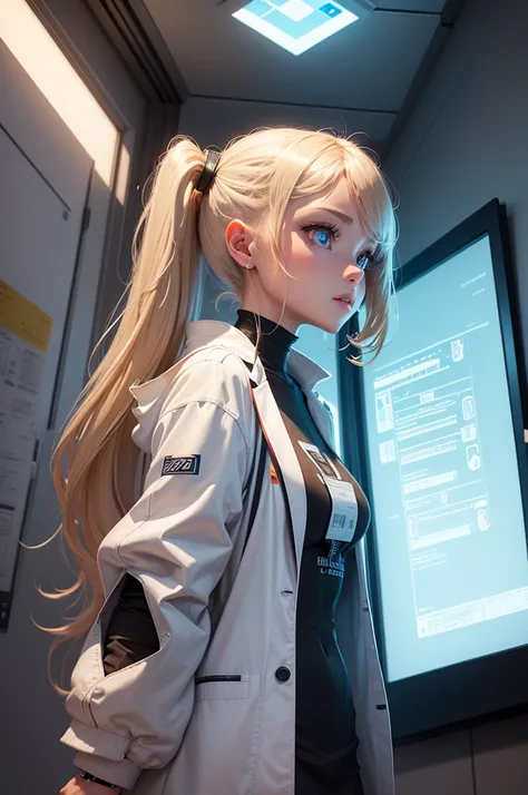 Cyborg teacher with mechanical arms and bionic eyes, Wearing a white off-the-shoulder lab coat and holding a holographic tablet, Stand in front of an interactive digital whiteboard, She shows complex graphics and formulas, While teaching a class of student...