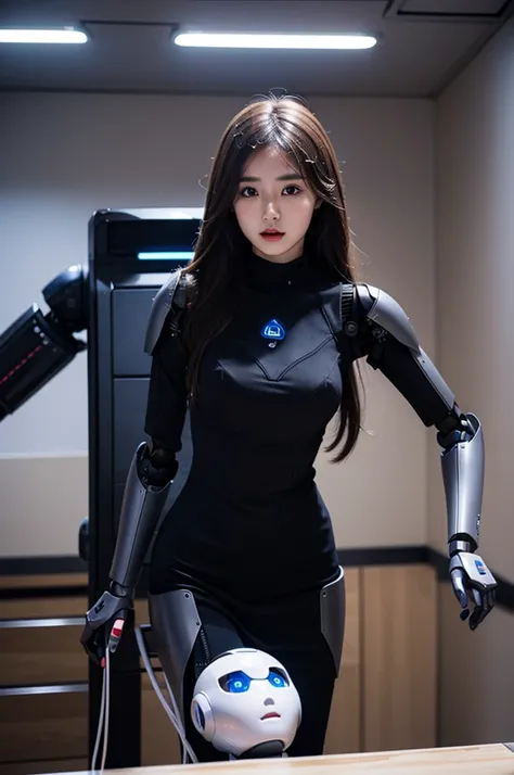 (AI Robot、Sophisticated robots)、Covering the exoskeleton with skin、The figure of the girl、length hair、terminator