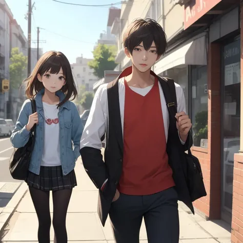 A cute korean girl wearing a school unifrom walking to a cafe with her boyfreind, boyfreind is cute, badboy