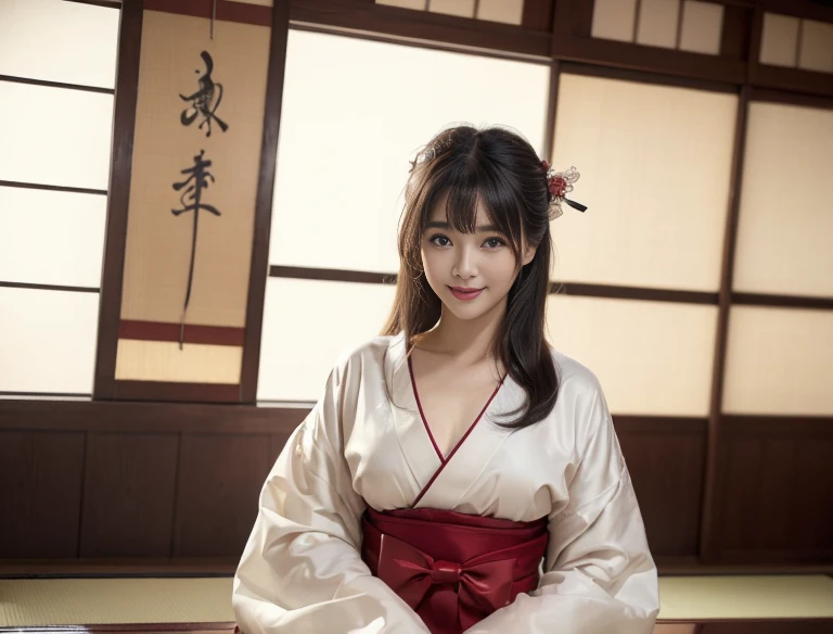 ((top quality、8K、​Masterpiece:1.3))、bow、sexy，Big breasts，worship、welcome、fine seat、Japanese、perfect body beautiful:1.4、Transparent kimono:1.5、((fine hair))、 a smile, black hair, Bangs, Beautiful and delicate eyes,hostel、Kyoto、Tatami、Letter X on hanging scr...