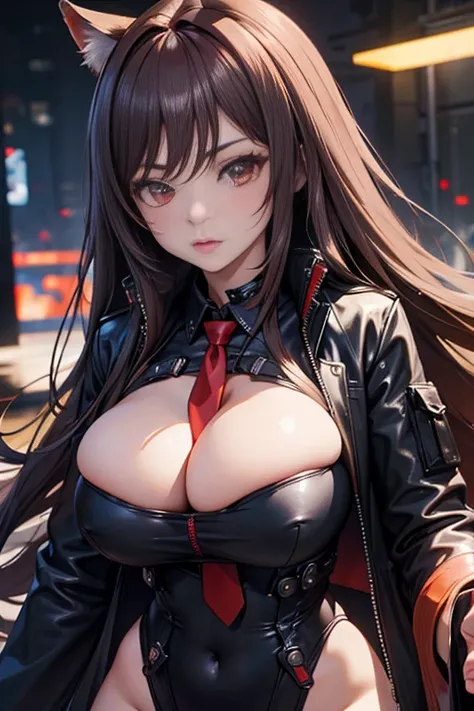 ((highest quality)), ((masterpiece)), (very detailed: 1.3) rapid def girl, red eyes, Nikkei anime with very big breasts and big tail bewitching thighs playing DJ console with aliquor at cyberpunk electronic party, Cyberpunk Dark Fantasy 8K Octane Trend, el...